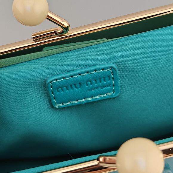 Miu Miu Clutch Bag Womens Mini Teal Green Faux Leather Chain Strap Box Set New - Picture 8 of 11